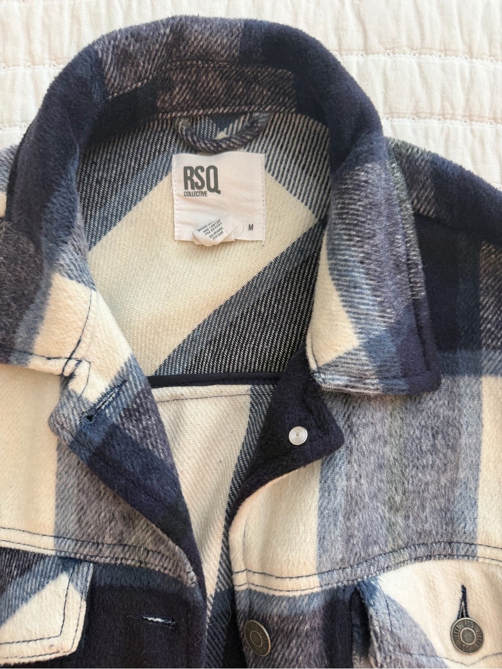 RSQ Navy and Cream Plaid Button-Up Shacket